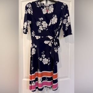 Vince Camuto Womens Navy Blue Floral Wrap Dress Size 10 Knee Length Career